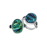 Sterling silver oval Abalone Shell ring with shimmering side inlays, handcrafted artisan jewelry featuring iridescent shell for women.